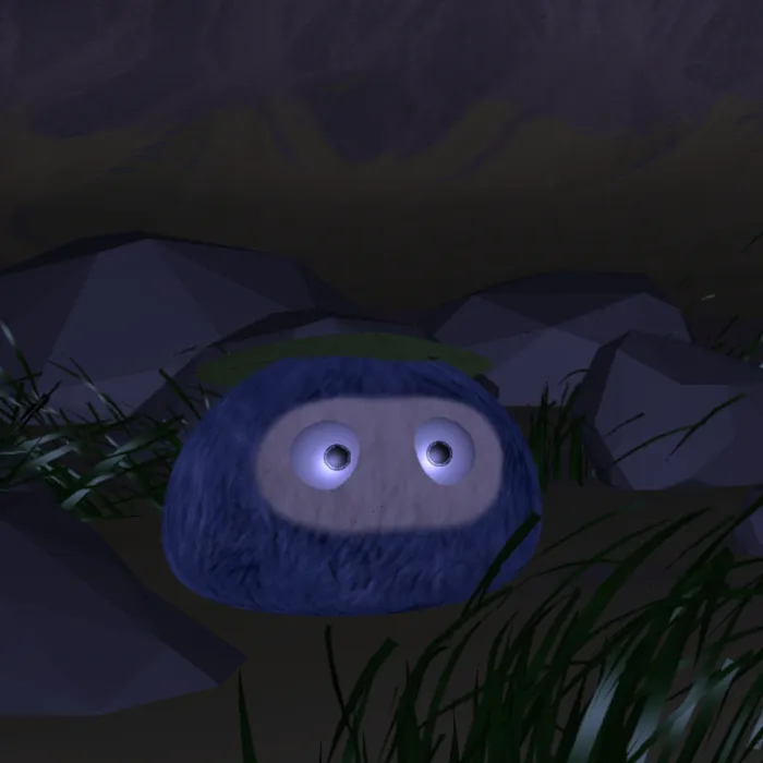 Cartoon Blob Guards Babies in Nighttime Cricket Wilderness